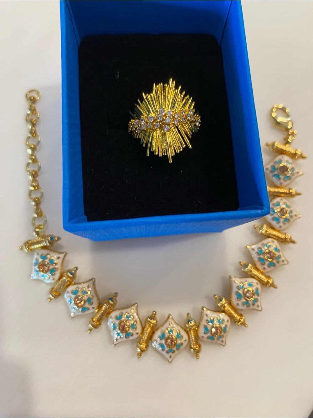 Gold Tone Sunburst Ring and Turquoise Accent Bracelet Set